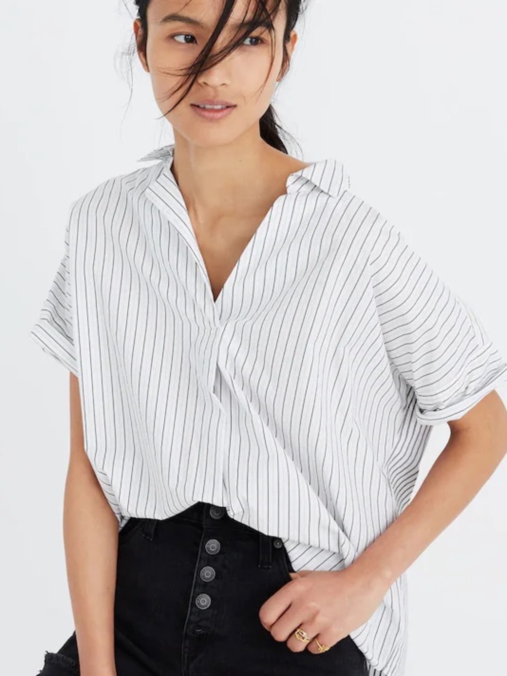 Madewell 100% Cotton White & Blue Striped Oversized Button Back Shirt
